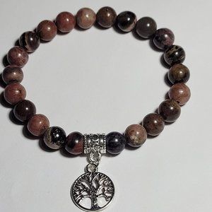 Natural Black Stripe Rhodonite Crystal Beaded Bracelet w/Tree of Life Charm 8mm